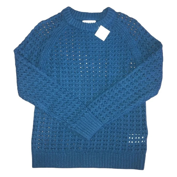 Club Monaco Open Stitch Pullover Sweater Top Blouse M Blue Teal Winter Cozy NWT - Picture 2 of 5